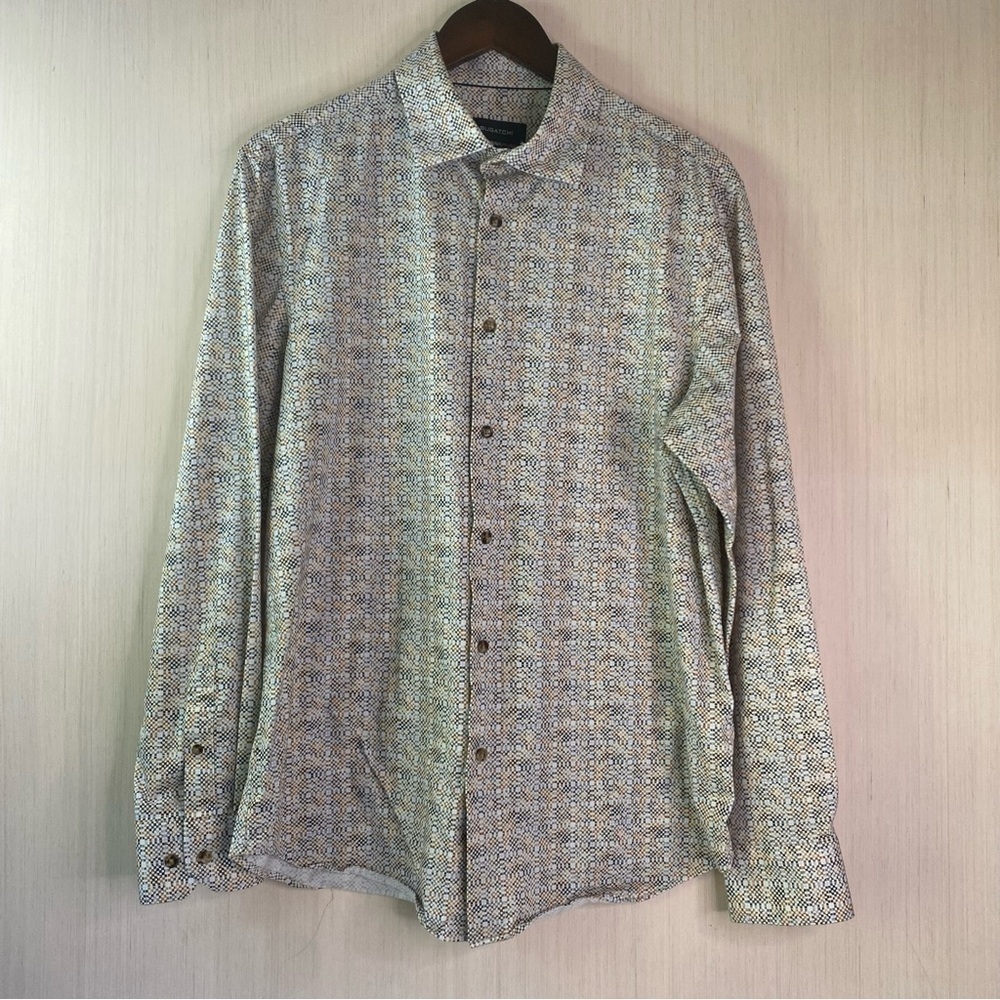 Bugatchi Men’s Eight Way Stretch Long Sleeve Button Up Casual Shirt Caramel Lg